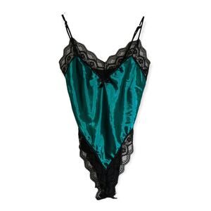 Vintage 70's 80's LADY CAMEO DALLAS Teal Satin & Black Lace Teddy